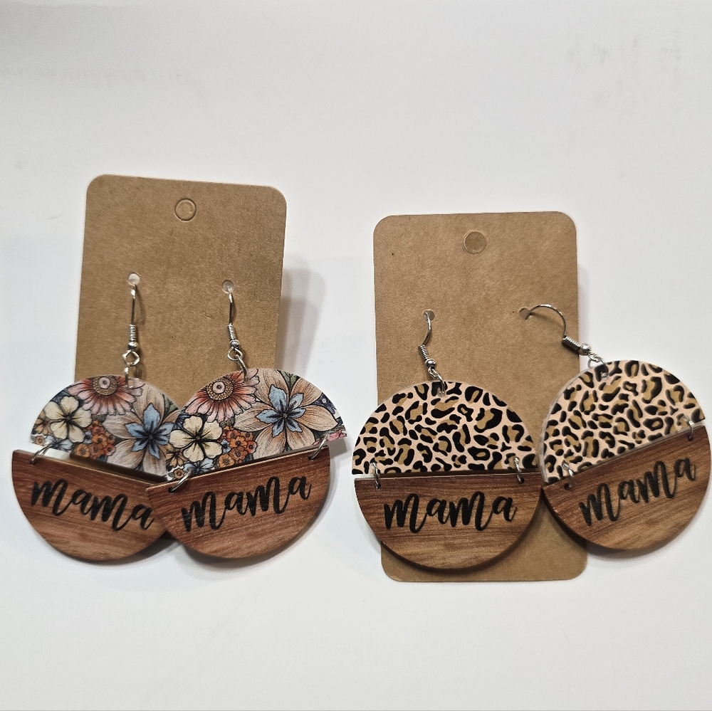 MAMA Earrings NEW Set Of 2 Wooden Leopard Floral GIFT Cottagecore